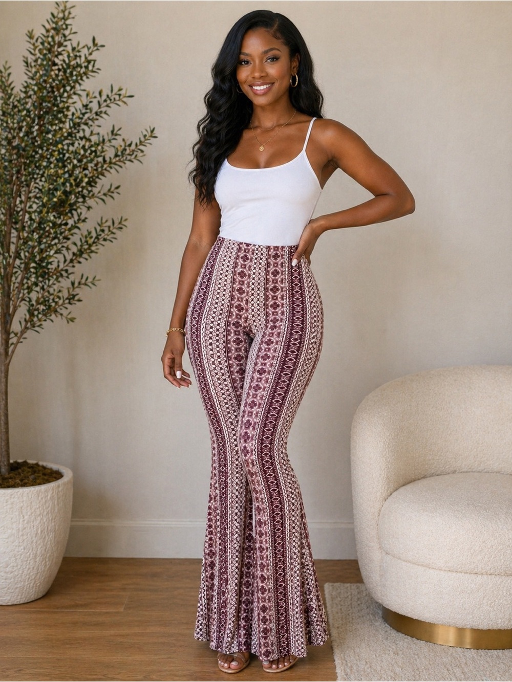 Bohemian High-Rise Burgundy Patterned Flare Pants